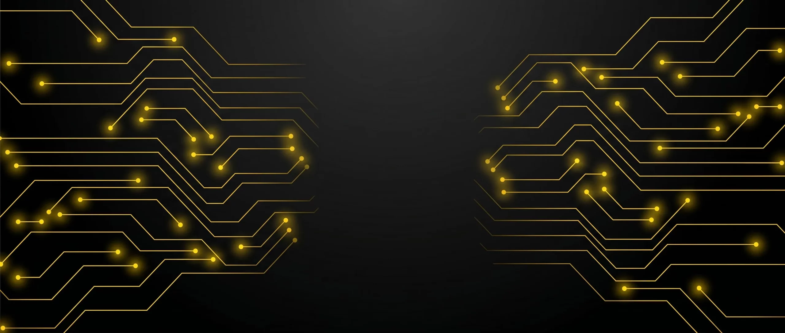 Glowing yellow circuit lines on black background forming a symmetrical technology pattern.