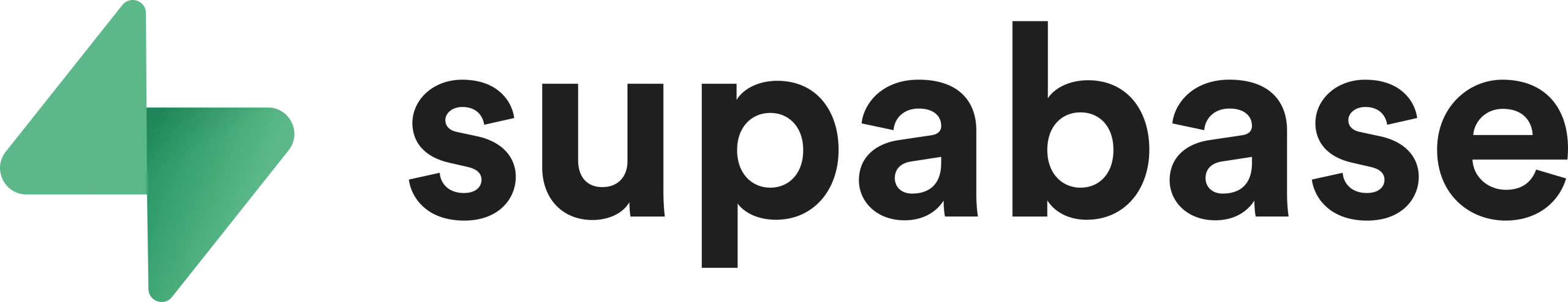 Green abstract geometric shape next to the word supabase in black lowercase text