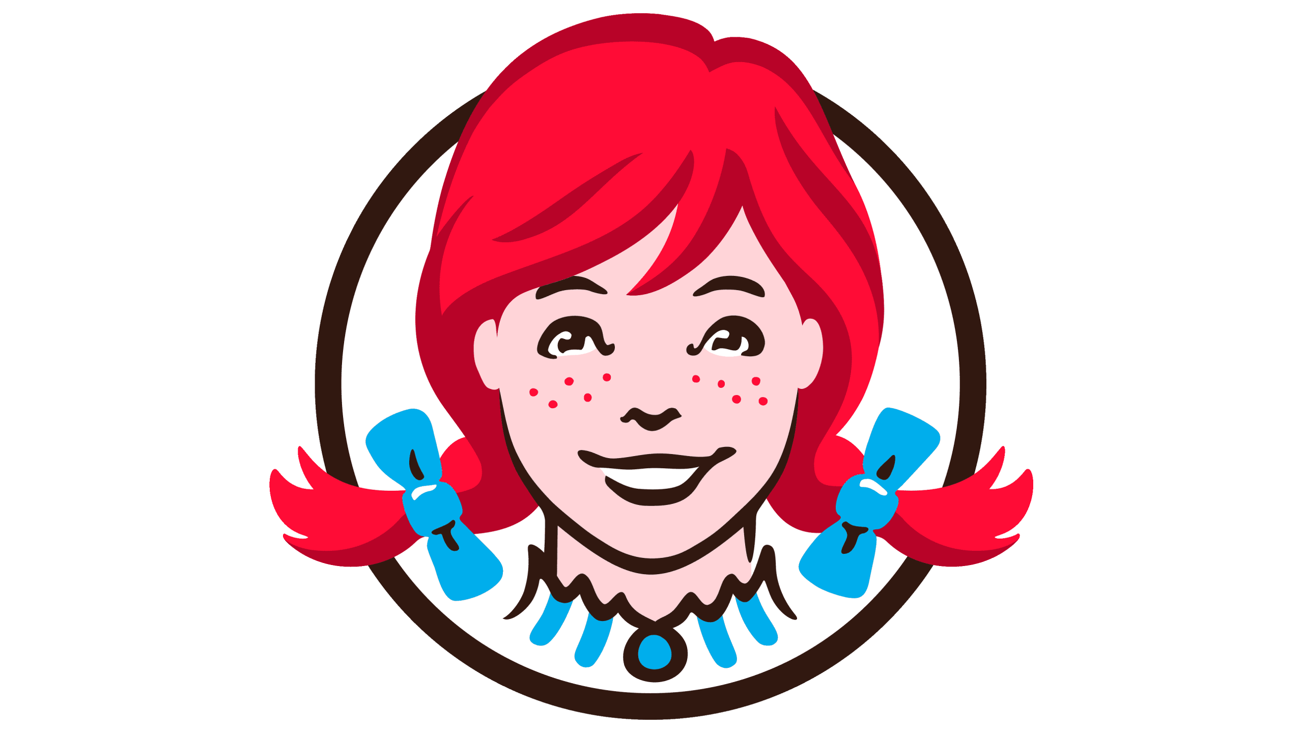 Smiling girl with red pigtails and blue bows inside a brown circle.