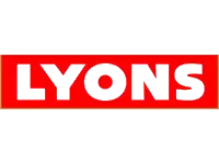 LYONS brand logo with red background and bold white letters outlined in black.