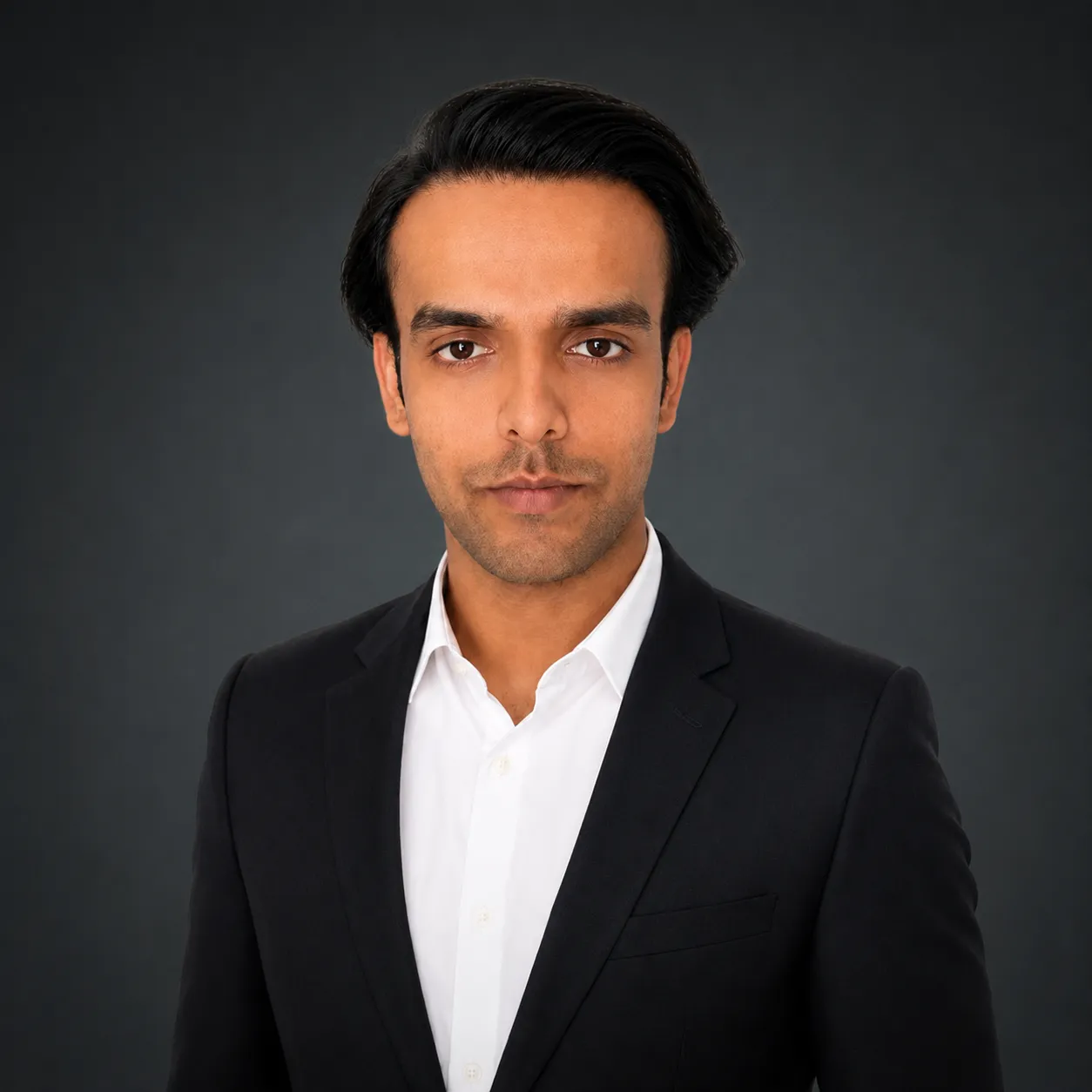 Young man in a black suit jacket and white shirt against a plain dark background.