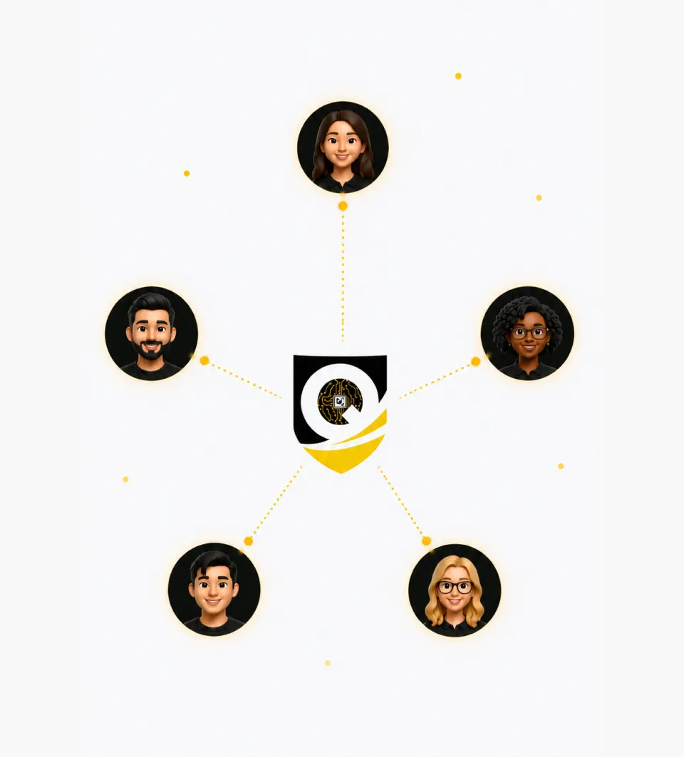 Illustration of five diverse avatars connected by dotted lines to a central black and yellow logo shield.